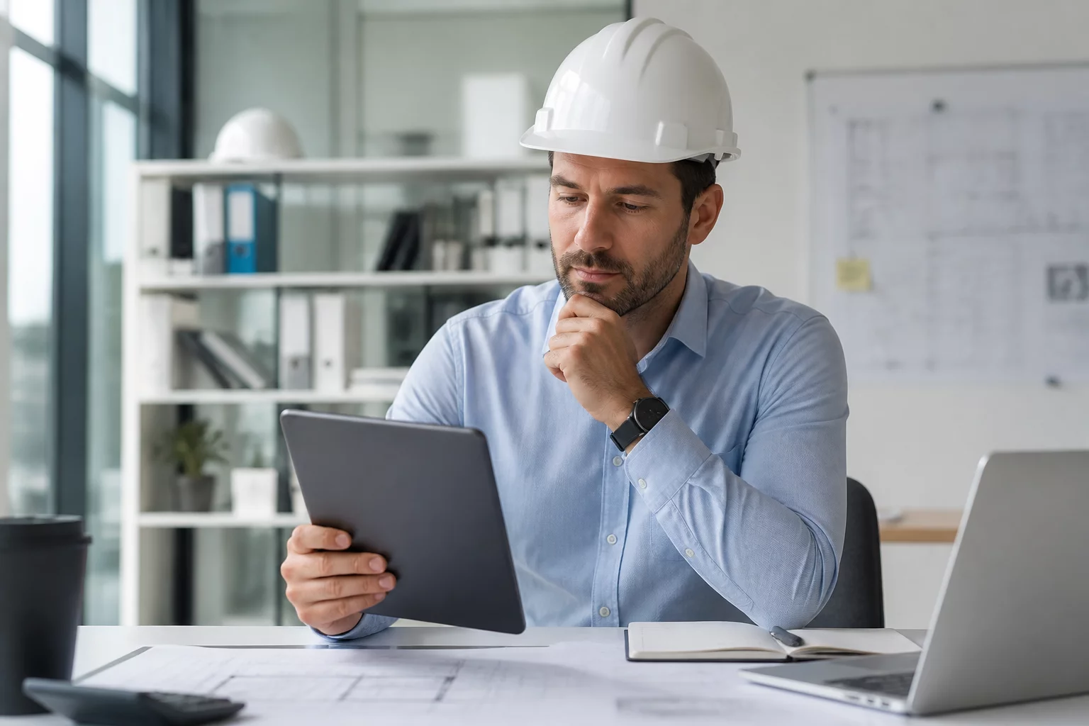 Construction manager reviewing handoff documentation