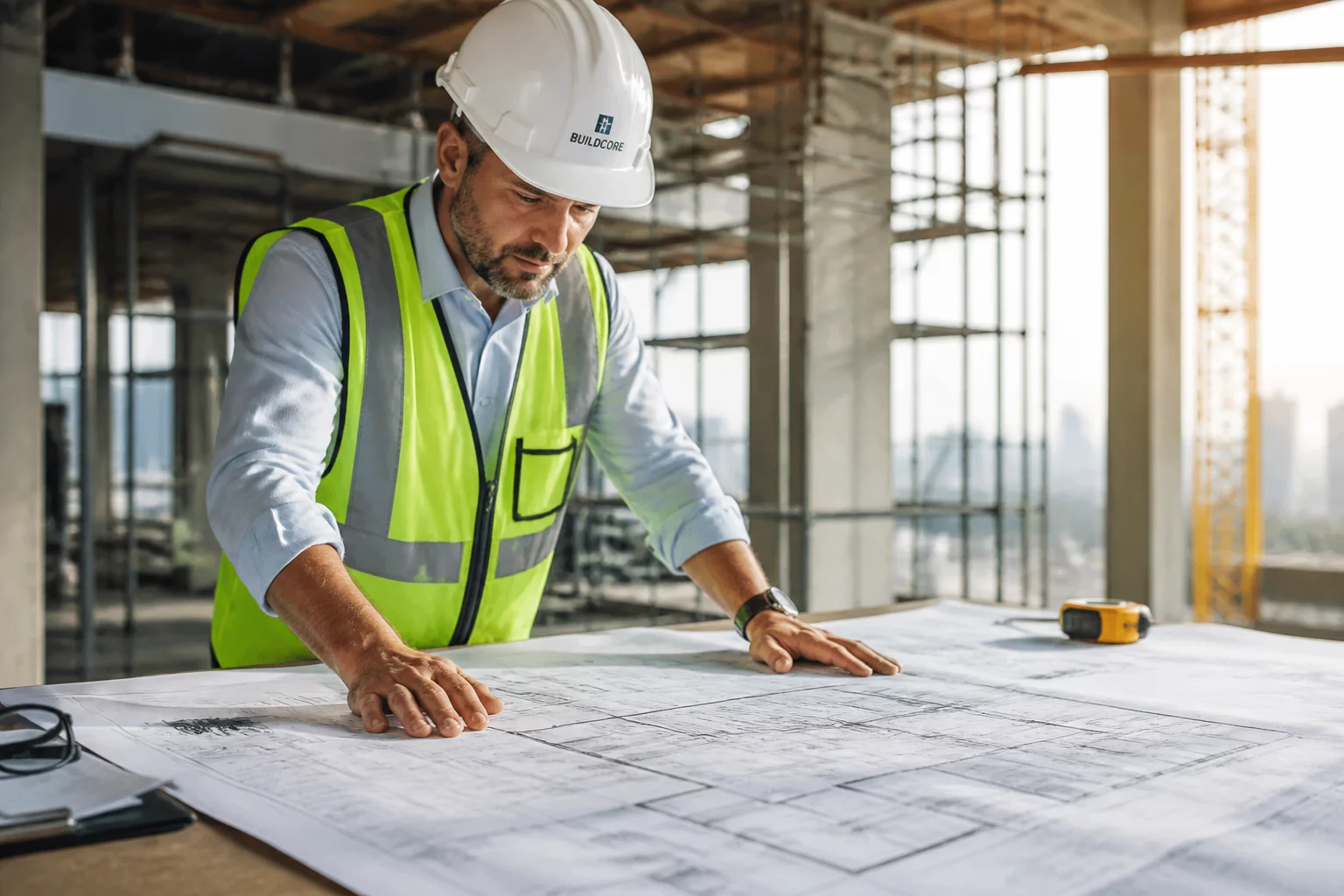 Construction site with architectural plans